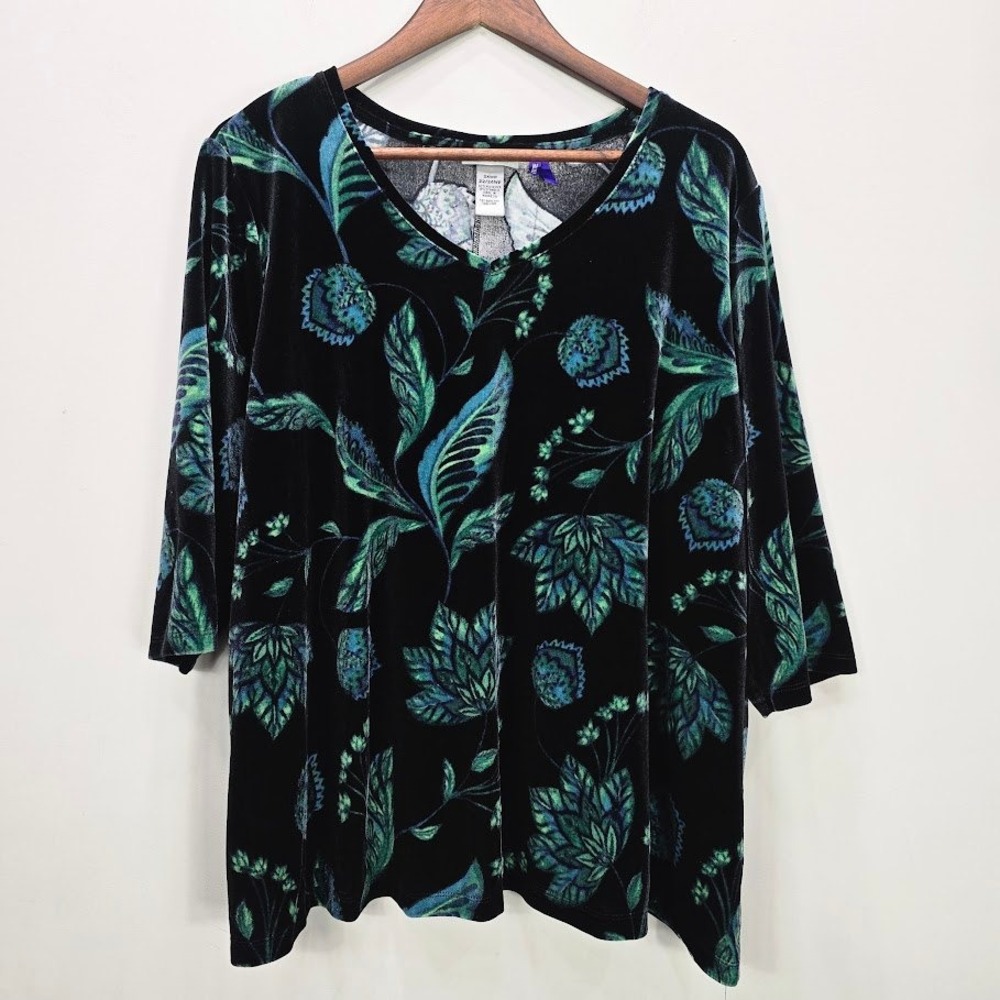 Catherines Tunic Top 2X 22/24WP Petite Green Dark Floral Velvet 3/4‎ Sleeve